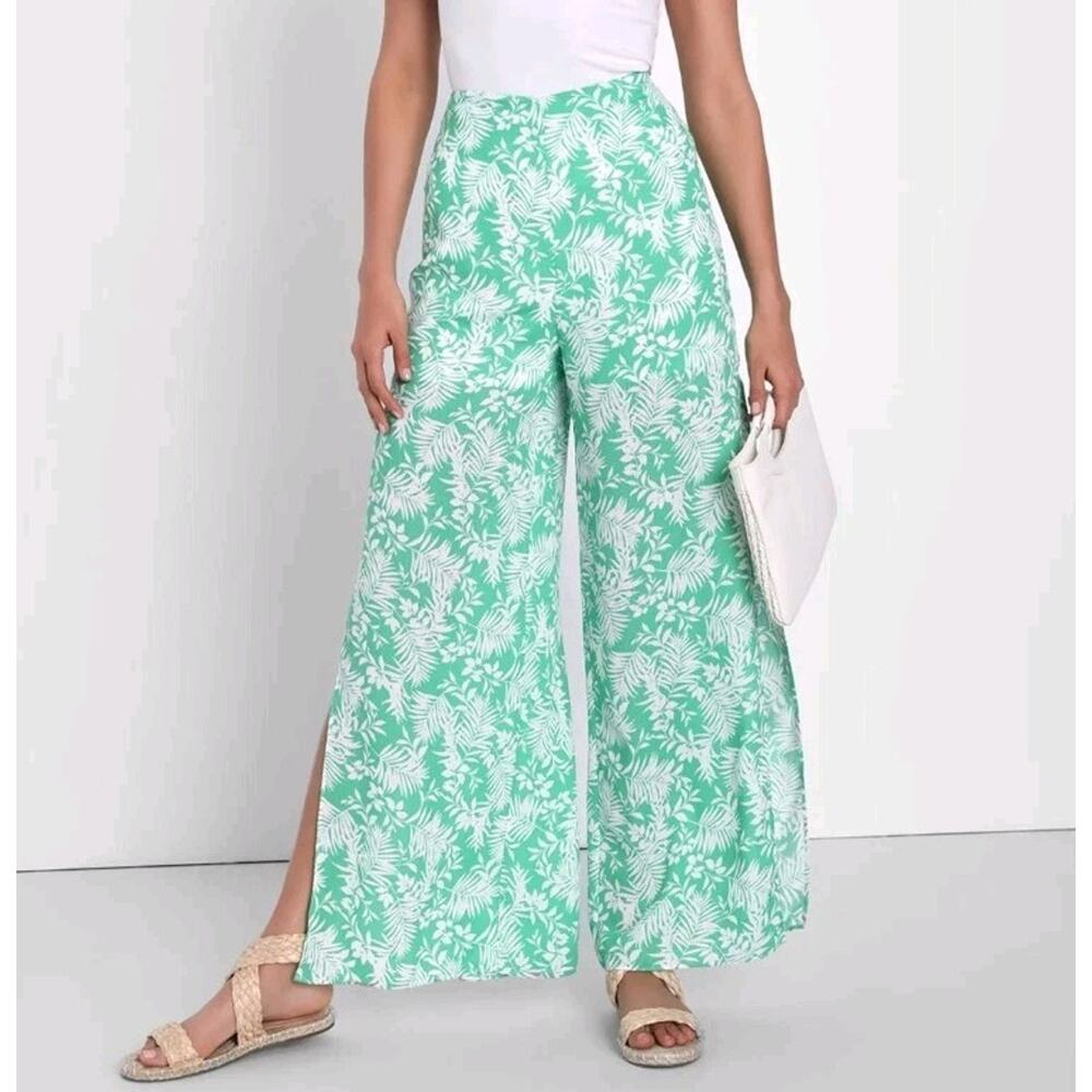 NEW Lulus Hey Vacay Green Tropical Print Wide Leg Pants Sz M 28" Waist Slit High